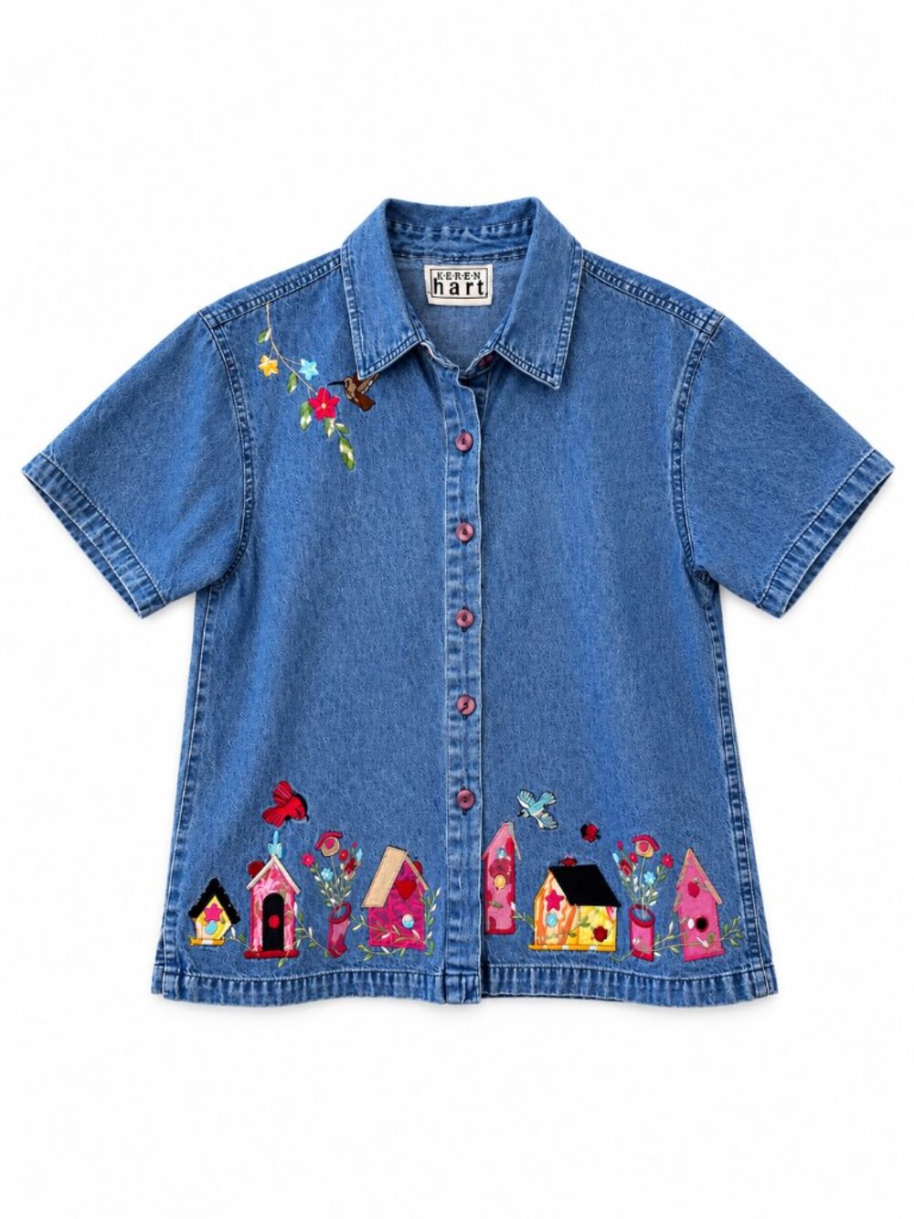KEREN hart Vintage Denim Button Down Shirt Colorful Birdhouse Embroidery Large